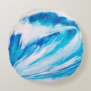 Cojín Redondo acuarela alta olas oceánicas de color azul marino