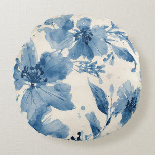 Cojín Redondo Acuarela Azul Floral Pintada Botánica Caprichosa