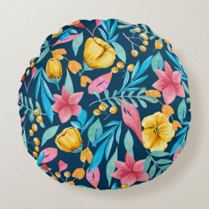 Cojín Redondo acuarela botánica: flores, hojas adornadas.