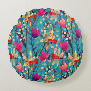 Cojín Redondo Acuarela Brillante: Diseño Floral Seamless.