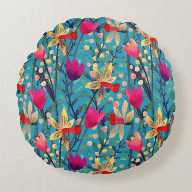 Cojín Redondo Acuarela Brillante: Diseño Floral Seamless. (Anverso)