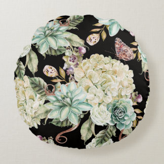 Cojín Redondo Acuarela brillante: Patrón Rosa de Hydrangea.