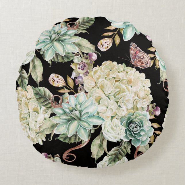 Cojín Redondo Acuarela brillante: Patrón Rosa de Hydrangea. (Anverso)