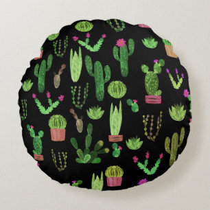 Cojín Redondo Acuarela Cactuses Planta Fondo Sin Marea