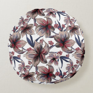 Cojín Redondo Acuarela Crimson Floral sobre blanco