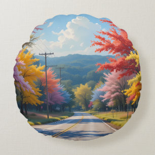 Cojín Redondo Acuarela de camino rural otoñal pastel