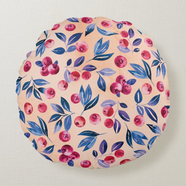 Cojín Redondo Acuarela de Cranberry: Fresas silvestres sin mar (Anverso)