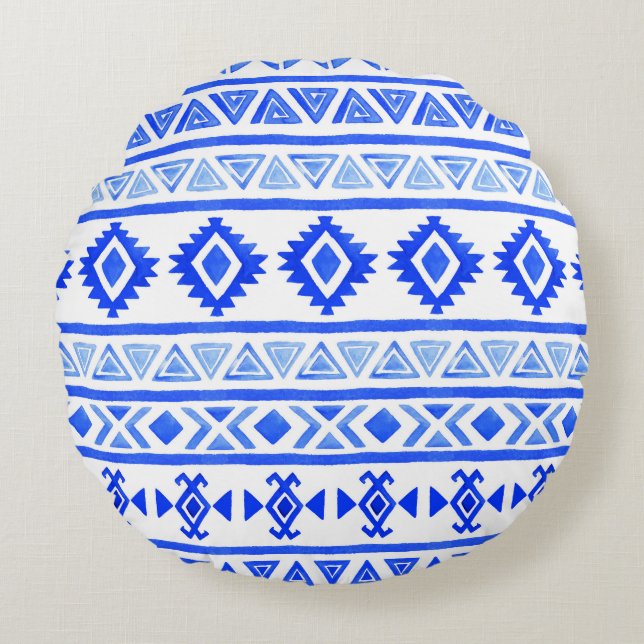 Cojín Redondo Acuarela de etnia azteca, patrón geométrico. (Anverso)