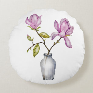 Cojín Redondo Acuarela de Magnolia Rosa Elegante en Jarrón de Vi