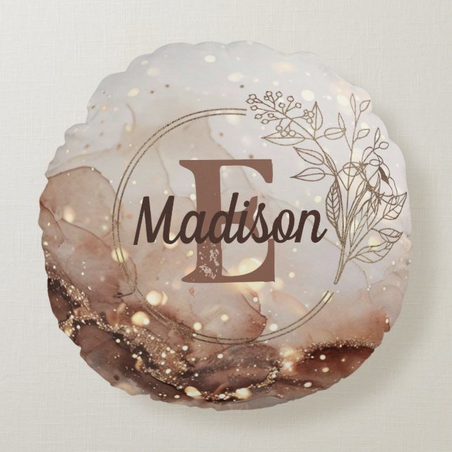 Cojín Redondo Acuarela de mármol con acentos Purpurinas (Anverso)