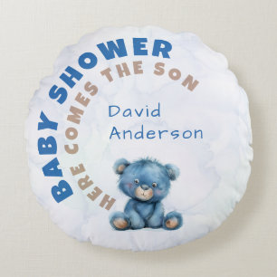 Cojín Redondo Acuarela de oso de peluche azul para baby shower d