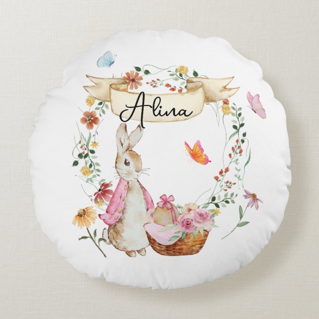 Cojín Redondo Acuarela de Pascua Rosa Personalizada (Anverso)