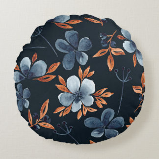 Cojín Redondo Acuarela de patrón floral sin fisuras con índigo f