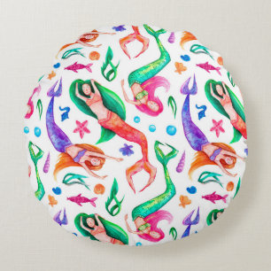 Cojín Redondo Acuarela de Sirenas: Patrón Oceánico sin Marea