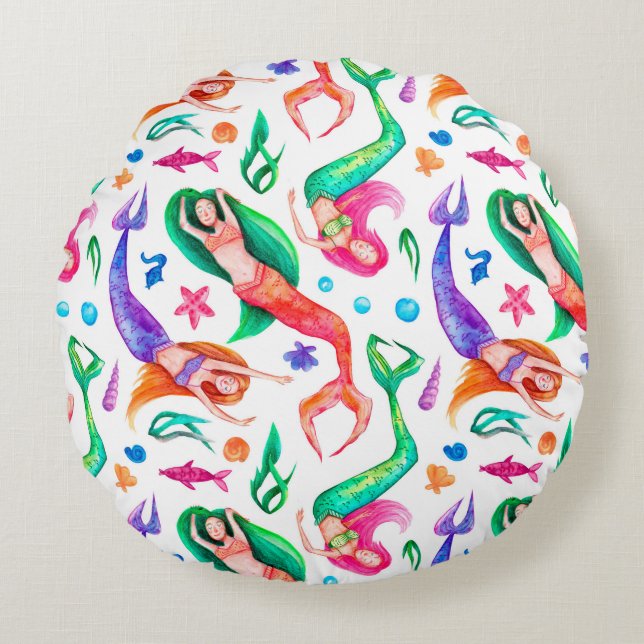 Cojín Redondo Acuarela de Sirenas: Patrón Oceánico sin Marea (Anverso)