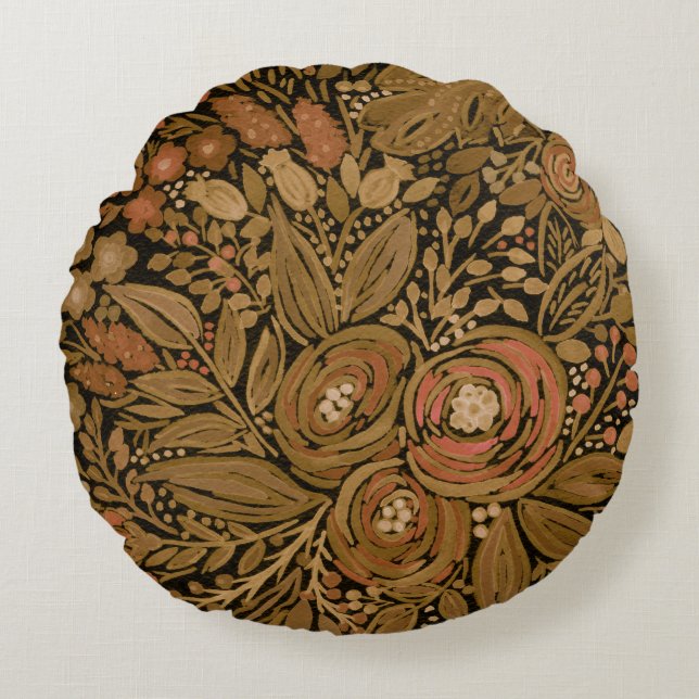 Cojín Redondo acuarela, floral marrón negro, negro patrón (Anverso)