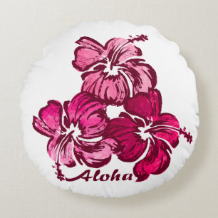 Cojín Redondo Acuarela Hibisco Floral Hawaiano Reversible