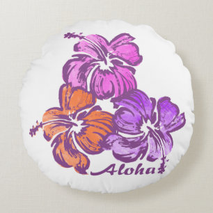 Cojín Redondo Acuarela Hibisco Floral Hawaiano Reversible