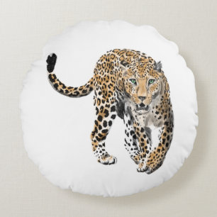 Cojín Redondo acuarela leopardo gato de la selva animal pintado