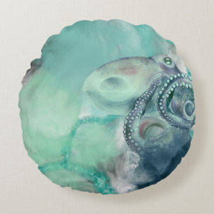 Cojín Redondo Acuarela Náutica Aqua Ocean Octopus
