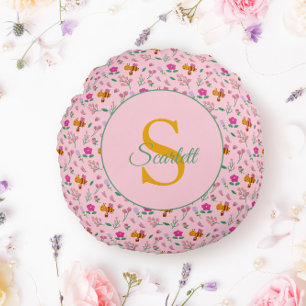 Cojín Redondo Acuarela Patrón de abeja y flores Monograma Nombre