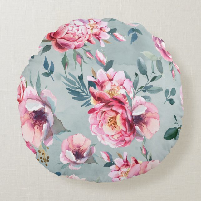 Cojín Redondo Acuarela patrón sin fisuras de peonía y flor fl (Anverso)