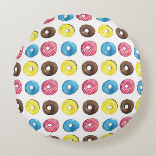 Cojín Redondo Acuarela pequeñas donuts, patrón sin costuras.