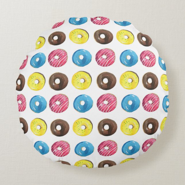Cojín Redondo Acuarela pequeñas donuts, patrón sin costuras. (Anverso)