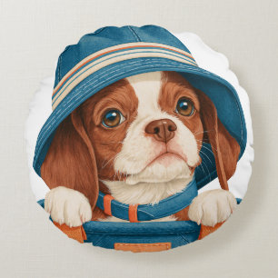 Cojín Redondo Acuarela Perro Marrón Blanco Sombrero Azul Mascota