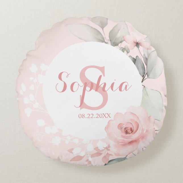 Cojín Redondo Acuarela rosa Floral Polka Dots Chica Nursery (Anverso)