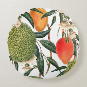 Cojín Redondo Acuarela tropical durión, patrón de mango.