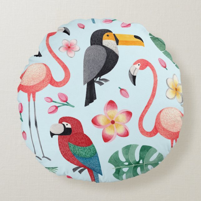 Cojín Redondo Acuarela Tropical: Fusión De Flor De Ave. (Anverso)
