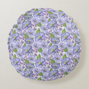 Cojín Redondo Acuarela Violetas Moradas y Patrón Floral
