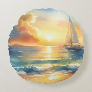 Cojín Redondo Acuarelas oceánicas de barco de vela