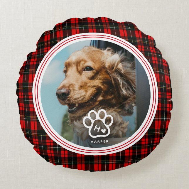 Cojín Redondo Add Your Own Dog Pets Photo Monogram Name Tartan (Anverso)
