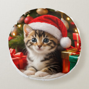 Cojín Redondo Adorable Adorno Navideño de Gatito Esponjoso