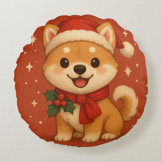 Cojín Redondo Adorable cachorro de Navidad (Anverso)