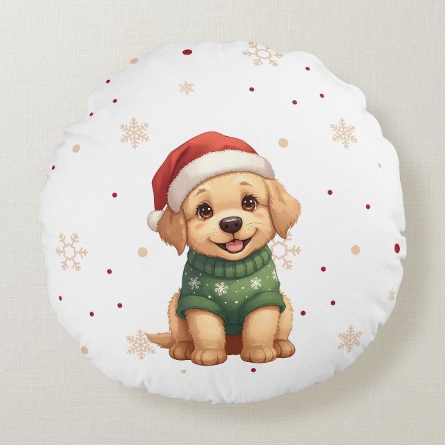 Cojín Redondo Adorable Christmas Dog - Festive Puppy Christmas (Anverso)
