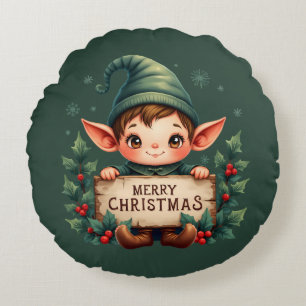 Cojín Redondo Adorable Elfo de Navidad sosteniendo letrero alegr