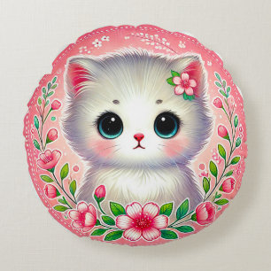 Cojín Redondo Adorable gatito blanco rodeado de flores rosadas