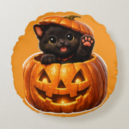 Cojín Redondo Adorable gatito negro y jack-o'-lantern espeluznan