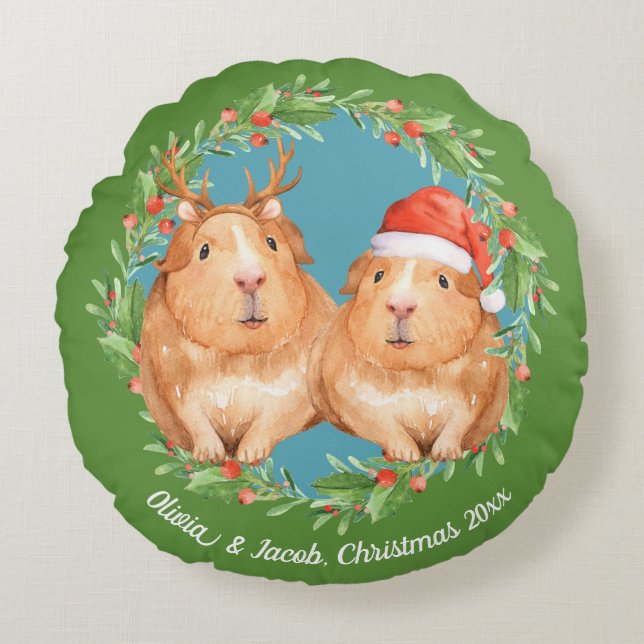 Cojín Redondo Adorable Guinea Pareja de Cerdo Navidades (Anverso)
