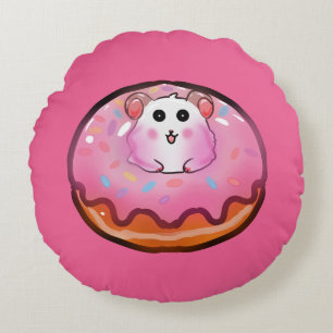 Cojín Redondo Adorable hámster Kawaii en arte de donut rosa glas