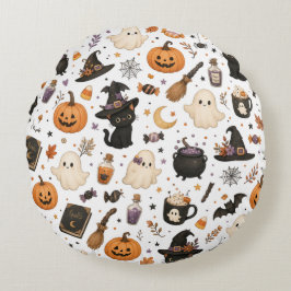 Cojín Redondo Adorable patrón de acuarela de Halloween con gatos