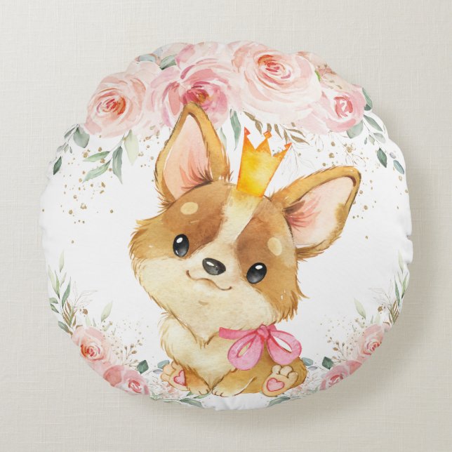Cojín Redondo Adorable Princesa Corgi Perro Rubor Floral (Anverso)
