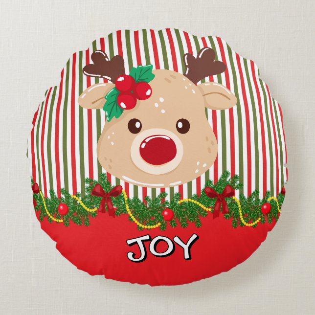 Cojín Redondo Adorable Reno de Navidad Personalizado  (Anverso)