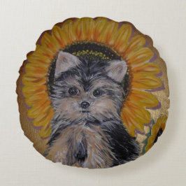 Cojín Redondo Adorable Yorkie Pequeño y Girasoles