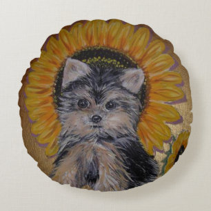 Cojín Redondo Adorable Yorkie Pequeño y Girasoles