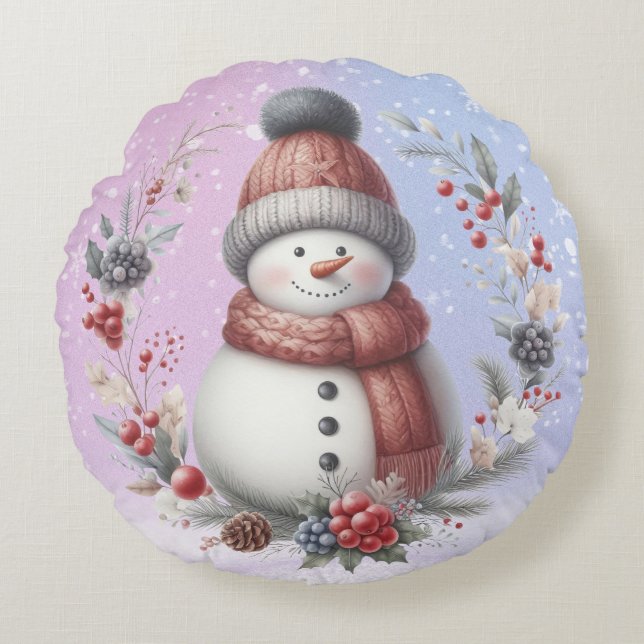 Cojín Redondo Adorables Navidades de Snowman Wreath (Anverso)