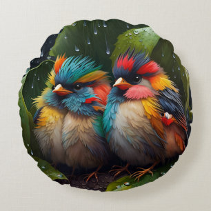 Cojín Redondo Adorables pájaros coloridos y esponjosos bajo la l